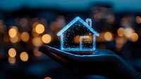 Glowing blue hologram house floating above open palm against blurred city lights background, representing smart home technology and real estate innovation.
