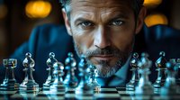 Intense close-up of mature bearded man with chess pieces, dramatic lighting creates mysterious atmosphere. Strategic game concept shows focus and determination.