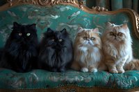 Four Persian cats with long fluffy fur sitting in row on vintage turquoise upholstered sofa, two black and two cream colored felines showing different expressions.