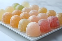 Colorful fruit gummy candies arranged on white plate, sugar-coated jelly sweets in rainbow colors for dessert and confectionery concepts.