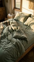 Cozy bedroom scene with unmade bed featuring sage green linen bedding, tabby cat resting on sheets, wooden furniture, natural sunlight streaming through windows, warm neutral tones, morning atmosphere.