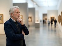 Mature man with gray hair and Caucasian ethnicity wearing dark blazer, standing thoughtfully in art gallery with hand near chin, contemplating artwork on walls among other visitors.