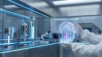 Scientist in white gloves holds glowing brain hologram with conscious choice text in modern laboratory with advanced equipment and blue lighting.