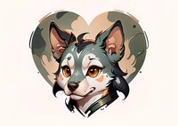 Cute cartoon wolf portrait in heart shape frame with anime style features and orange eyes, perfect for stickers, merchandise design and social media avatars.