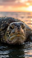 Marine sea turtle resting in shallow water at golden hour sunset, with textured shell and detailed facial features visible, suitable for wildlife and nature editorial use.
