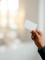 Hand holding blank white card against blurred office background with warm natural light, suitable for business branding, corporate identity, and marketing mockup presentations.