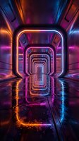 Futuristic neon tunnel with vibrant purple and orange lighting creating infinite perspective corridor for sci-fi gaming and technology concepts.