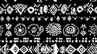 Ethnic geometric pattern in black and white with tribal motifs, abstract shapes, diamonds, circles and sun symbols arranged in horizontal stripes for fabric design.