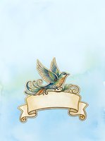 Ornamental flying dove perched on decorative ribbon banner with watercolor background, suitable for greeting cards, invitations, and design projects.