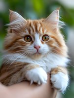 Adorable orange tabby kitten with fluffy fur and bright amber eyes being held in human hands outdoors with soft natural lighting for pet care content.