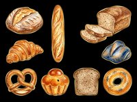 Assorted fresh baked bread and pastries isolated on transparent background. Includes croissant, baguette, loaf, pretzel, muffin, and bagel. Ready for bakery designs, menus, clipart, t-shirt designs, and print-on-demand products.