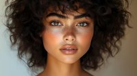 Young woman with curly dark hair, freckles, and natural makeup gazing at camera with soft lighting highlighting her features.