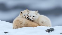 Two arctic foxes cuddling together in snow, displaying affection and warmth. White winter fur coats blend with snowy environment as they rest peacefully against each other.