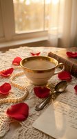 Elegant tea cup with red rose petals and pearls on lace tablecloth near window with warm sunlight for romantic morning or afternoon tea time.