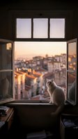 White cat sitting on windowsill gazing at sunset cityscape through open window. Urban rooftops and buildings bathed in golden hour light. Cozy interior scene for home decor and lifestyle use.