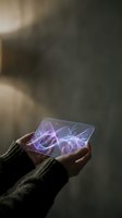 Hands holding transparent glass tablet displaying glowing purple holographic waves and digital light patterns for futuristic technology concepts.