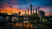 Industrial worker silhouette on platform at oil refinery during dramatic sunset with colorful sky and complex pipeline infrastructure for energy production.
