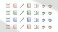Minimalist office and lifestyle icons set in soft pastel colors featuring calendars, notebooks, pens, books and coffee cups isolated on white background.