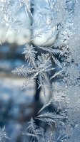 Intricate frost patterns forming delicate ice crystals on glass surface with blurred winter background creating natural frozen texture for seasonal designs.