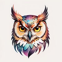 Colorful owl head with fierce yellow eyes and decorative feather pattern in gradient pastel and vibrant hues on isolated background, suitable for tattoo design.