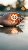 Hand holding glowing phi symbol over water surface with bokeh lights reflecting golden hour light for spiritual and mathematical concepts.