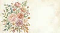 Vintage floral arrangement with roses, peonies, and botanical foliage in soft pink, mauve, and sage tones on aged cream background for wedding and stationery design.