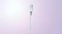 White handle dinner knife with stainless steel blade isolated on soft pink gradient background for kitchen and dining design projects.