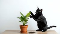 Black cat playing with houseplant on wooden table, curious kitten exploring green foliage in terracotta pot, playful feline behavior indoors.