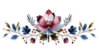 Watercolor floral composition with pink and blue flowers, berries and leaves arranged in horizontal decorative border pattern on white background, isolated.