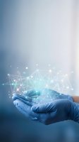 Hand in blue medical glove holding digital network connections with glowing nodes and data visualization for healthcare technology concepts.