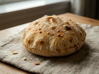 Freshly baked artisan bread loaf with golden crust on rustic linen cloth, homemade bakery product for culinary and food photography projects.