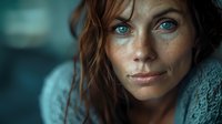 Young woman with bright blue eyes, freckles and red hair in cozy turquoise sweater looking at camera with gentle smile against blurred teal background.