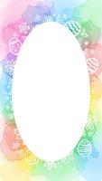 Watercolor Easter frame with decorated eggs and flowers on rainbow background. White oval space for text or photos. Spring holiday greeting card template.