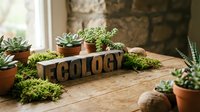 Wooden ecology letters surrounded by small potted succulents and moss on rustic table near window for sustainable living and environmental awareness concepts.