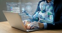 Professional businessman using laptop with futuristic holographic interface displaying AI technology, data analytics and digital innovation concepts.