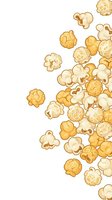 Golden popcorn kernels scattered on white background, isolated snack food elements for cinema movie theater design and culinary projects.