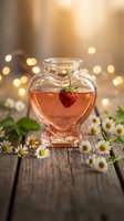 Heart-shaped glass jar with strawberry tea surrounded by chamomile flowers on rustic wooden table with warm bokeh lights for romantic dining decor.