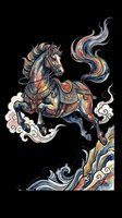 Watercolor leaping horse with ornate saddle and flowing mane over stylized clouds and waves, isolated on transparent background, for t-shirts, stickers, print on demand.