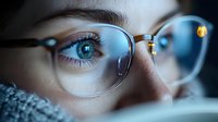 Close up view of bright blue eye behind eyeglasses, young woman reading in dim light showing reflection and lens detail, selective focus on iris and frame.