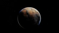 Planet Mars in space showing red surface features and dark shadows against black cosmic background, view from orbit with atmospheric glow on horizon.