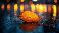 Fallen autumn leaf with water drops on wet surface against blurred bokeh lights background in orange and blue tones creating magical rainy atmosphere.