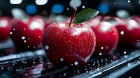 Fresh red apple with water drops and green leaf on dark background with bokeh lights. Macro food photography with selective focus and reflection.