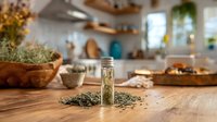 Glass vial of dried herbs on wooden kitchen counter with scattered herbs, rustic bowls, and bright modern kitchen with open shelving in background.