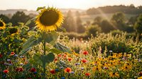 Sunflower field at golden hour with wildflowers and rolling hills in warm sunset light creating peaceful rural landscape for nature and agriculture themes.