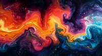 Abstract fluid art with vibrant swirls of orange, purple, blue, and black creating a cosmic nebula effect, suitable for modern interior design.
