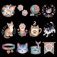 Cute watercolor cat clipart set with paw prints, yarn, mug, collar, and fish can, isolated on transparent background. Great for stickers, t-shirts, and print on demand.