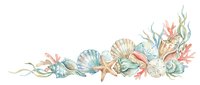 Watercolor seashells, starfish, and coral arranged in decorative corner border on white background, isolated design element for invitations, cards, and coastal-themed projects.