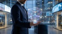 Professional businessman in suit presenting holographic data cube with financial charts and analytics in modern office environment for business technology presentations.