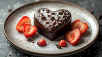 Heart shaped dark chocolate dessert with fresh strawberry slices and powdered sugar on gray ceramic plate, romantic food photography with soft lighting.