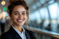 Young mixed race businesswoman with bright smile wearing formal black suit and white shirt in modern office environment with bokeh lights background.